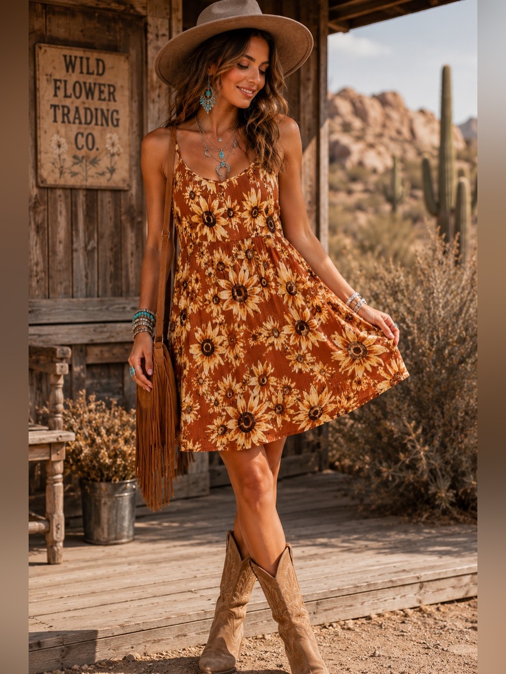 BeCool Sunflower Mini Dress Women L Western Boho Indie Rust Floral Sundress B2 - Picture 3 of 13